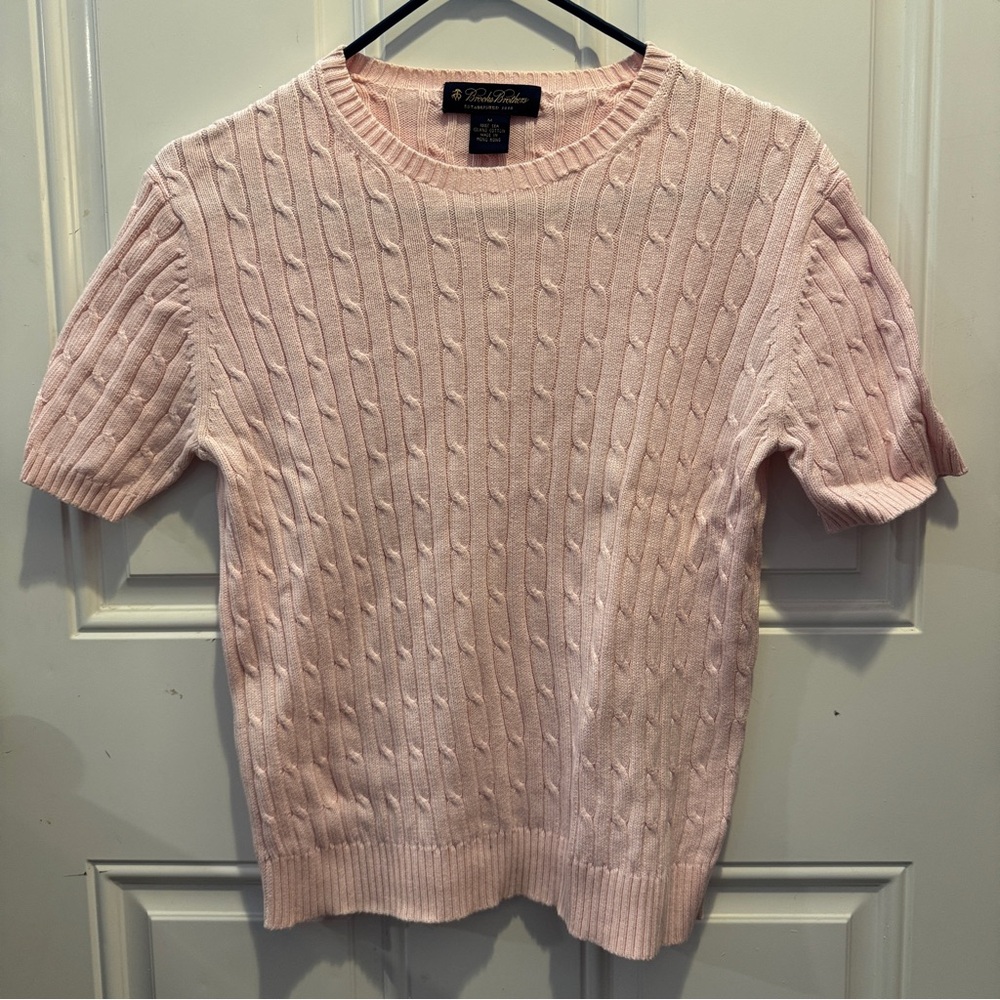 Brooks Brothers 100% Sea Island Cotton Short Sleeve Cable Knit Sweater Pink